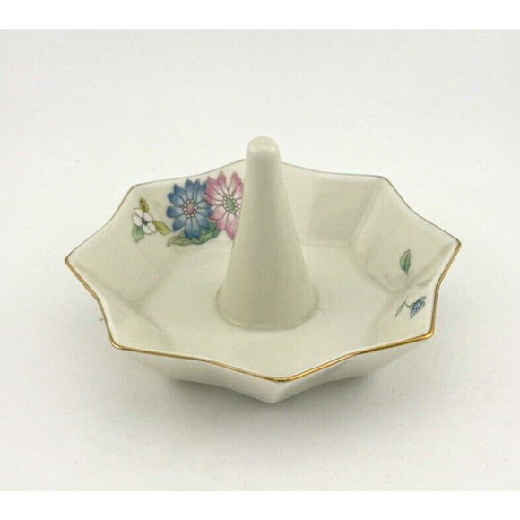 Fred Roberts Company Japan Porcelain octagon ring holder floral with gold rim - Picture 11 of 13